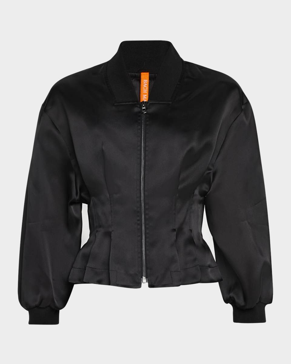 Nipped-Waist Peplum Silk Bomber Jacket